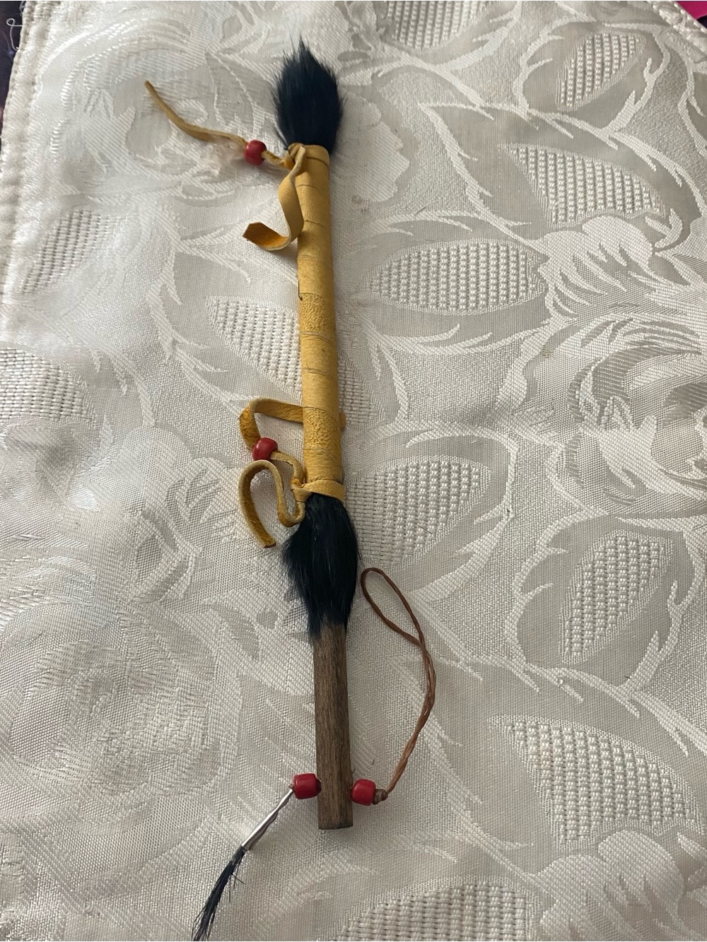 Talking Stick Native American Ceremonial 10.5”H Leather Wrapped Feathers Beads